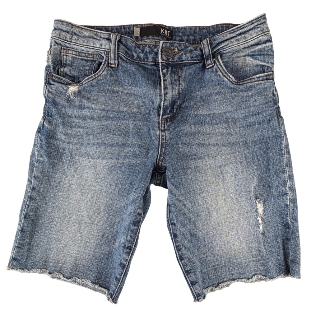 Kut from the Kloth Distressed Denim Bermuda Shorts Raw Hem Blue Womens Size 4